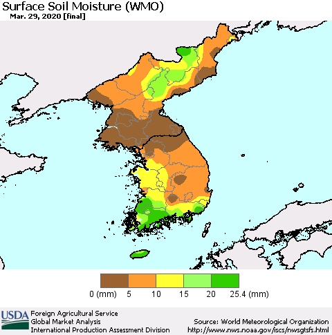 Korea Surface Soil Moisture (WMO) Thematic Map For 3/23/2020 - 3/29/2020