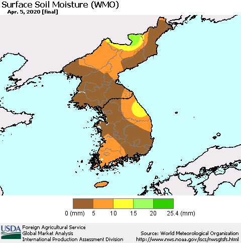Korea Surface Soil Moisture (WMO) Thematic Map For 3/30/2020 - 4/5/2020