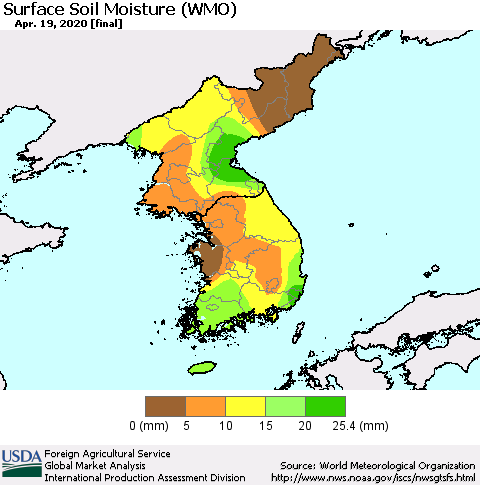 Korea Surface Soil Moisture (WMO) Thematic Map For 4/13/2020 - 4/19/2020