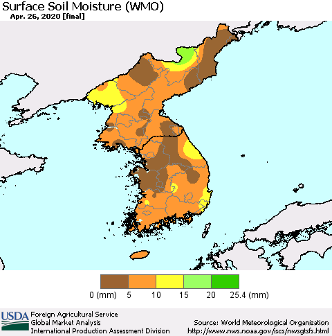 Korea Surface Soil Moisture (WMO) Thematic Map For 4/20/2020 - 4/26/2020