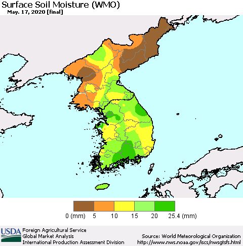Korea Surface Soil Moisture (WMO) Thematic Map For 5/11/2020 - 5/17/2020