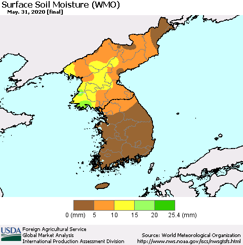 Korea Surface Soil Moisture (WMO) Thematic Map For 5/25/2020 - 5/31/2020