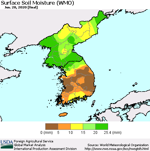 Korea Surface Soil Moisture (WMO) Thematic Map For 6/22/2020 - 6/28/2020