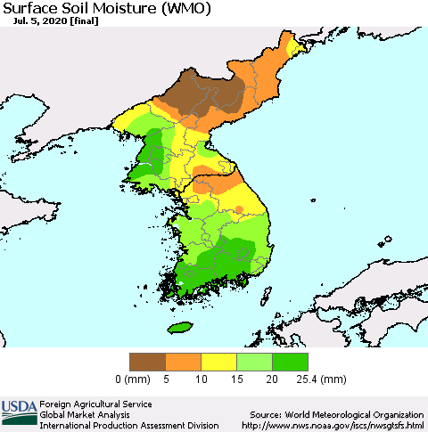 Korea Surface Soil Moisture (WMO) Thematic Map For 6/29/2020 - 7/5/2020