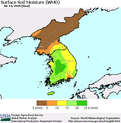 Korea Surface Soil Moisture (WMO) Thematic Map For 7/13/2020 - 7/19/2020