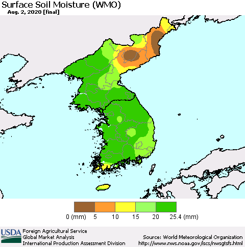 Korea Surface Soil Moisture (WMO) Thematic Map For 7/27/2020 - 8/2/2020