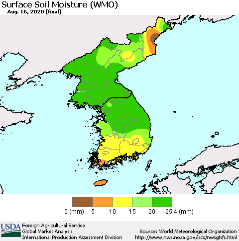 Korea Surface Soil Moisture (WMO) Thematic Map For 8/10/2020 - 8/16/2020