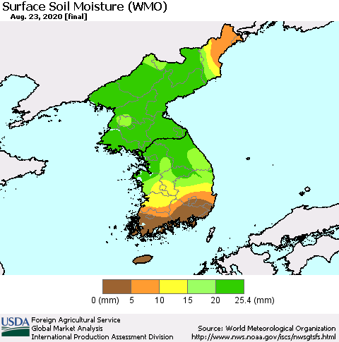 Korea Surface Soil Moisture (WMO) Thematic Map For 8/17/2020 - 8/23/2020