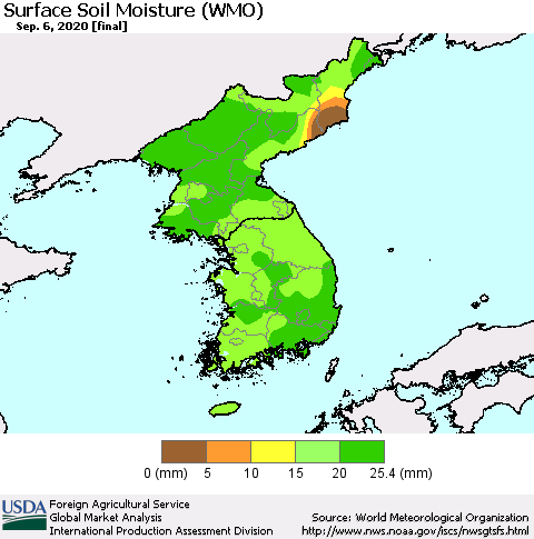 Korea Surface Soil Moisture (WMO) Thematic Map For 8/31/2020 - 9/6/2020