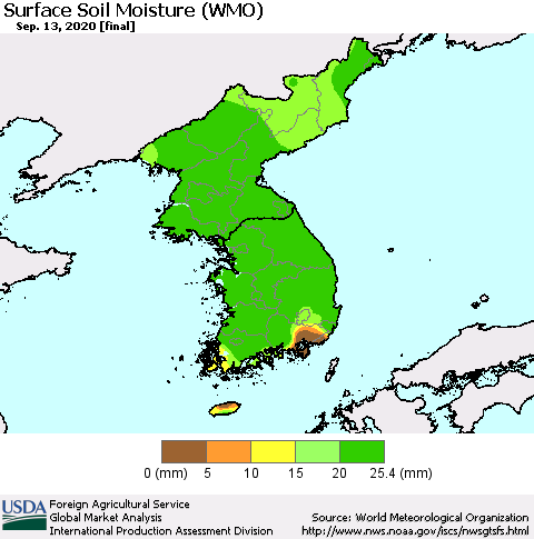 Korea Surface Soil Moisture (WMO) Thematic Map For 9/7/2020 - 9/13/2020