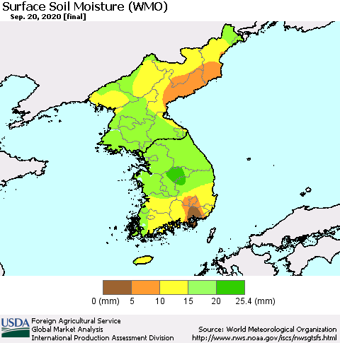 Korea Surface Soil Moisture (WMO) Thematic Map For 9/14/2020 - 9/20/2020