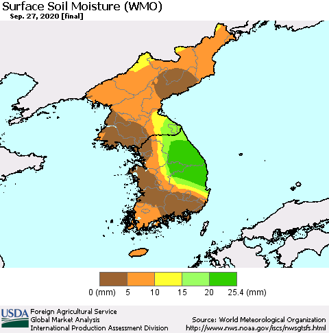 Korea Surface Soil Moisture (WMO) Thematic Map For 9/21/2020 - 9/27/2020