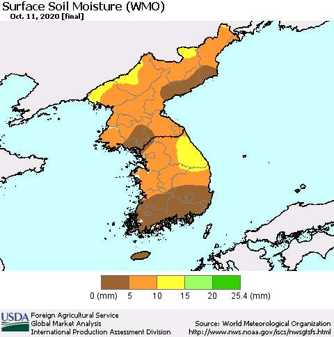 Korea Surface Soil Moisture (WMO) Thematic Map For 10/5/2020 - 10/11/2020