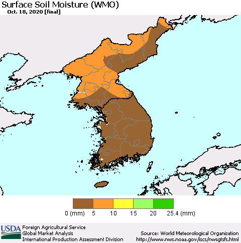 Korea Surface Soil Moisture (WMO) Thematic Map For 10/12/2020 - 10/18/2020