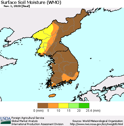 Korea Surface Soil Moisture (WMO) Thematic Map For 10/26/2020 - 11/1/2020