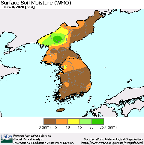 Korea Surface Soil Moisture (WMO) Thematic Map For 11/2/2020 - 11/8/2020