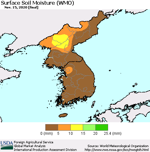 Korea Surface Soil Moisture (WMO) Thematic Map For 11/9/2020 - 11/15/2020