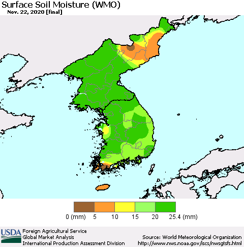 Korea Surface Soil Moisture (WMO) Thematic Map For 11/16/2020 - 11/22/2020