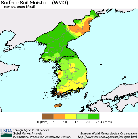 Korea Surface Soil Moisture (WMO) Thematic Map For 11/23/2020 - 11/29/2020