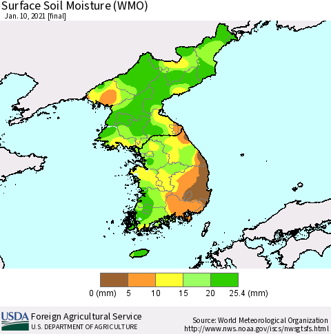 Korea Surface Soil Moisture (WMO) Thematic Map For 1/4/2021 - 1/10/2021