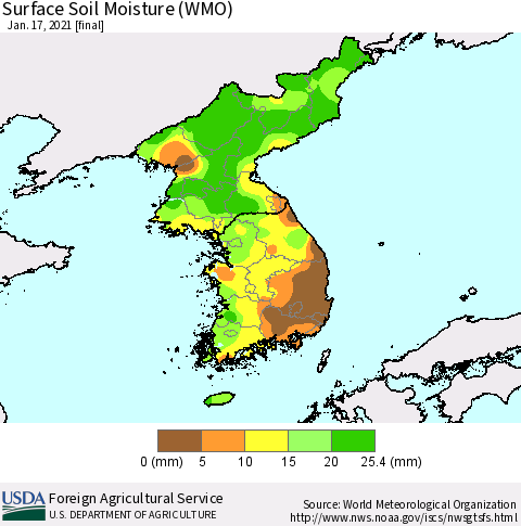 Korea Surface Soil Moisture (WMO) Thematic Map For 1/11/2021 - 1/17/2021