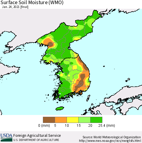 Korea Surface Soil Moisture (WMO) Thematic Map For 1/18/2021 - 1/24/2021