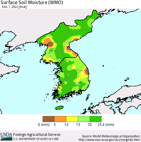 Korea Surface Soil Moisture (WMO) Thematic Map For 2/1/2021 - 2/7/2021