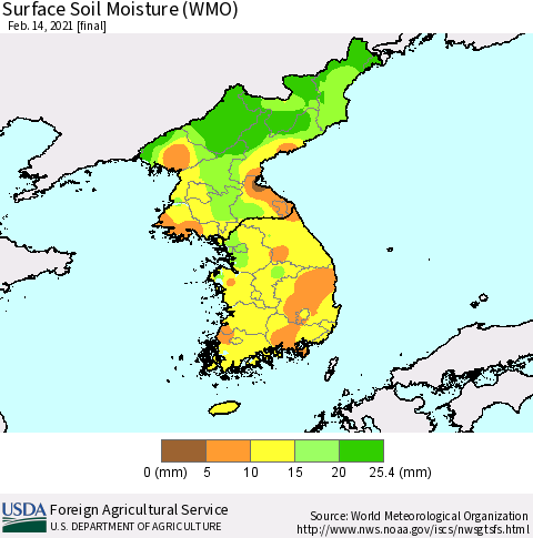 Korea Surface Soil Moisture (WMO) Thematic Map For 2/8/2021 - 2/14/2021