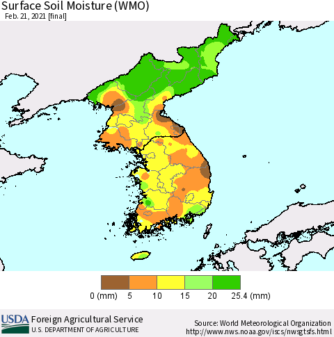 Korea Surface Soil Moisture (WMO) Thematic Map For 2/15/2021 - 2/21/2021