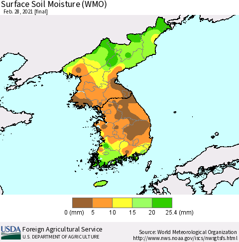 Korea Surface Soil Moisture (WMO) Thematic Map For 2/22/2021 - 2/28/2021