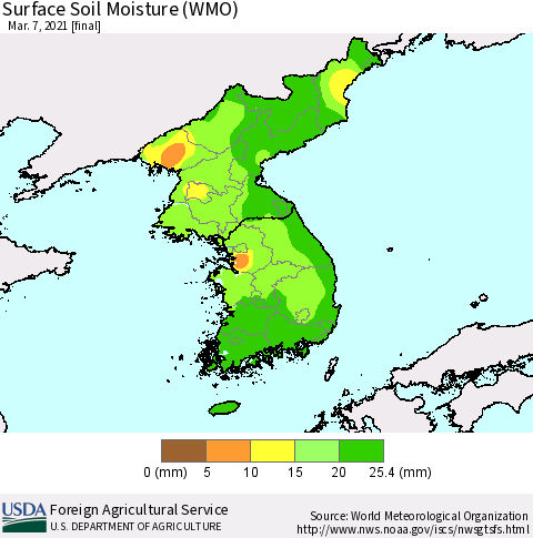 Korea Surface Soil Moisture (WMO) Thematic Map For 3/1/2021 - 3/7/2021