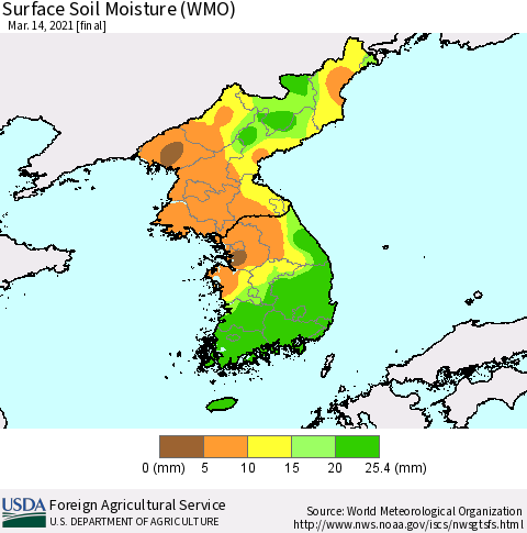 Korea Surface Soil Moisture (WMO) Thematic Map For 3/8/2021 - 3/14/2021