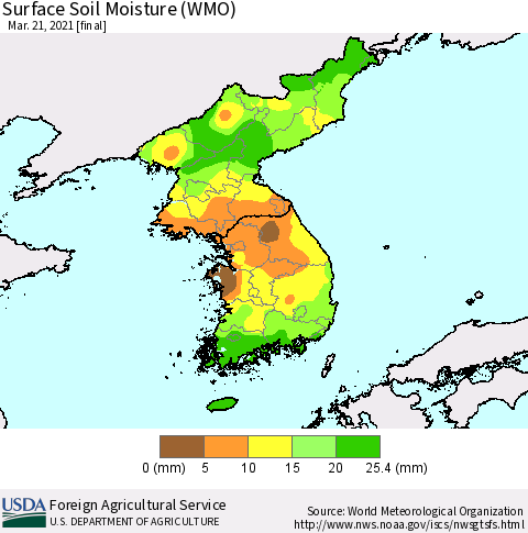 Korea Surface Soil Moisture (WMO) Thematic Map For 3/15/2021 - 3/21/2021
