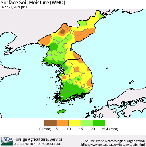 Korea Surface Soil Moisture (WMO) Thematic Map For 3/22/2021 - 3/28/2021