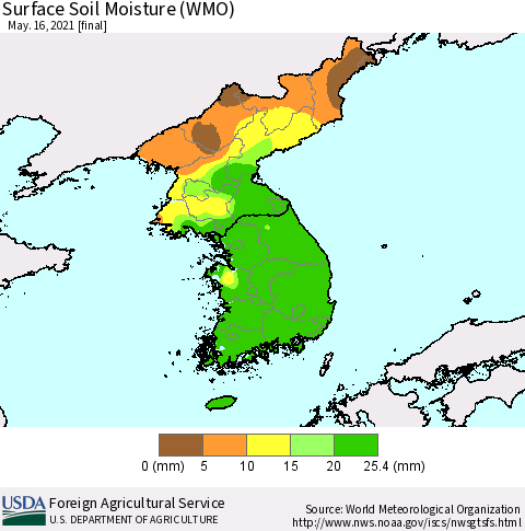 Korea Surface Soil Moisture (WMO) Thematic Map For 5/10/2021 - 5/16/2021