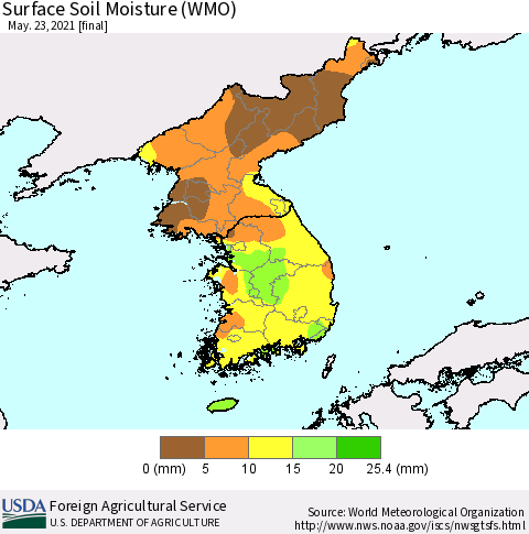Korea Surface Soil Moisture (WMO) Thematic Map For 5/17/2021 - 5/23/2021