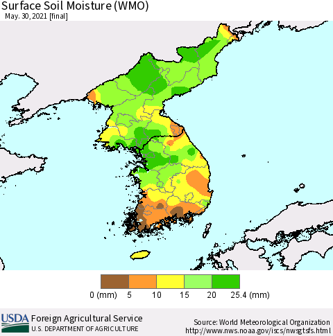 Korea Surface Soil Moisture (WMO) Thematic Map For 5/24/2021 - 5/30/2021