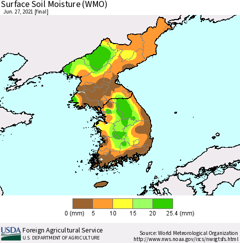 Korea Surface Soil Moisture (WMO) Thematic Map For 6/21/2021 - 6/27/2021