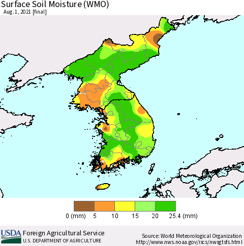 Korea Surface Soil Moisture (WMO) Thematic Map For 7/26/2021 - 8/1/2021
