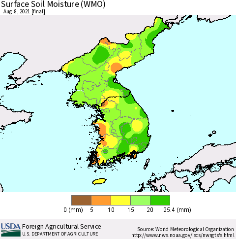 Korea Surface Soil Moisture (WMO) Thematic Map For 8/2/2021 - 8/8/2021