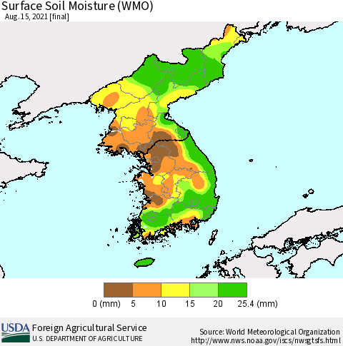 Korea Surface Soil Moisture (WMO) Thematic Map For 8/9/2021 - 8/15/2021