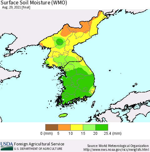 Korea Surface Soil Moisture (WMO) Thematic Map For 8/23/2021 - 8/29/2021