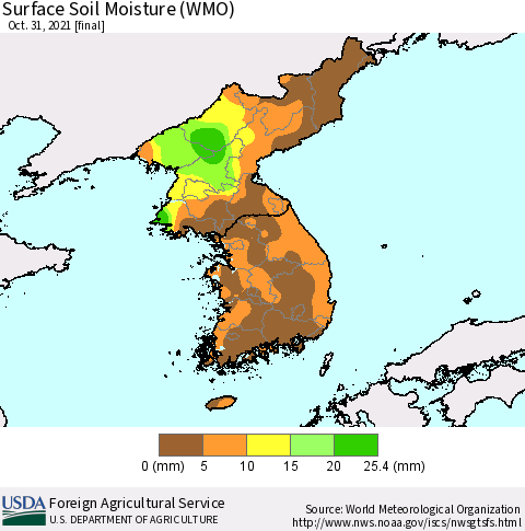 Korea Surface Soil Moisture (WMO) Thematic Map For 10/25/2021 - 10/31/2021