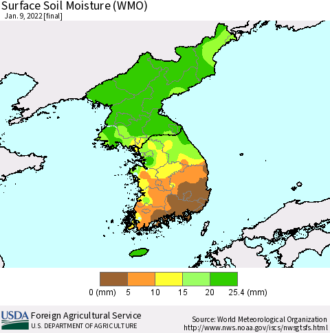 Korea Surface Soil Moisture (WMO) Thematic Map For 1/3/2022 - 1/9/2022