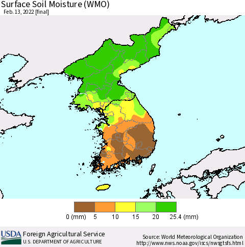 Korea Surface Soil Moisture (WMO) Thematic Map For 2/7/2022 - 2/13/2022