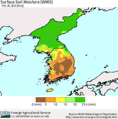 Korea Surface Soil Moisture (WMO) Thematic Map For 2/14/2022 - 2/20/2022