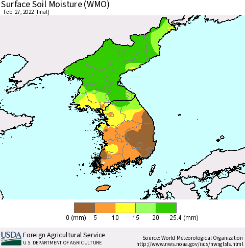 Korea Surface Soil Moisture (WMO) Thematic Map For 2/21/2022 - 2/27/2022