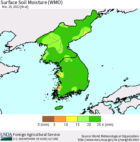 Korea Surface Soil Moisture (WMO) Thematic Map For 3/14/2022 - 3/20/2022