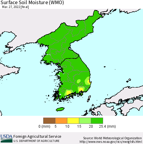 Korea Surface Soil Moisture (WMO) Thematic Map For 3/21/2022 - 3/27/2022