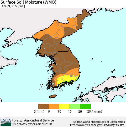 Korea Surface Soil Moisture (WMO) Thematic Map For 4/18/2022 - 4/24/2022
